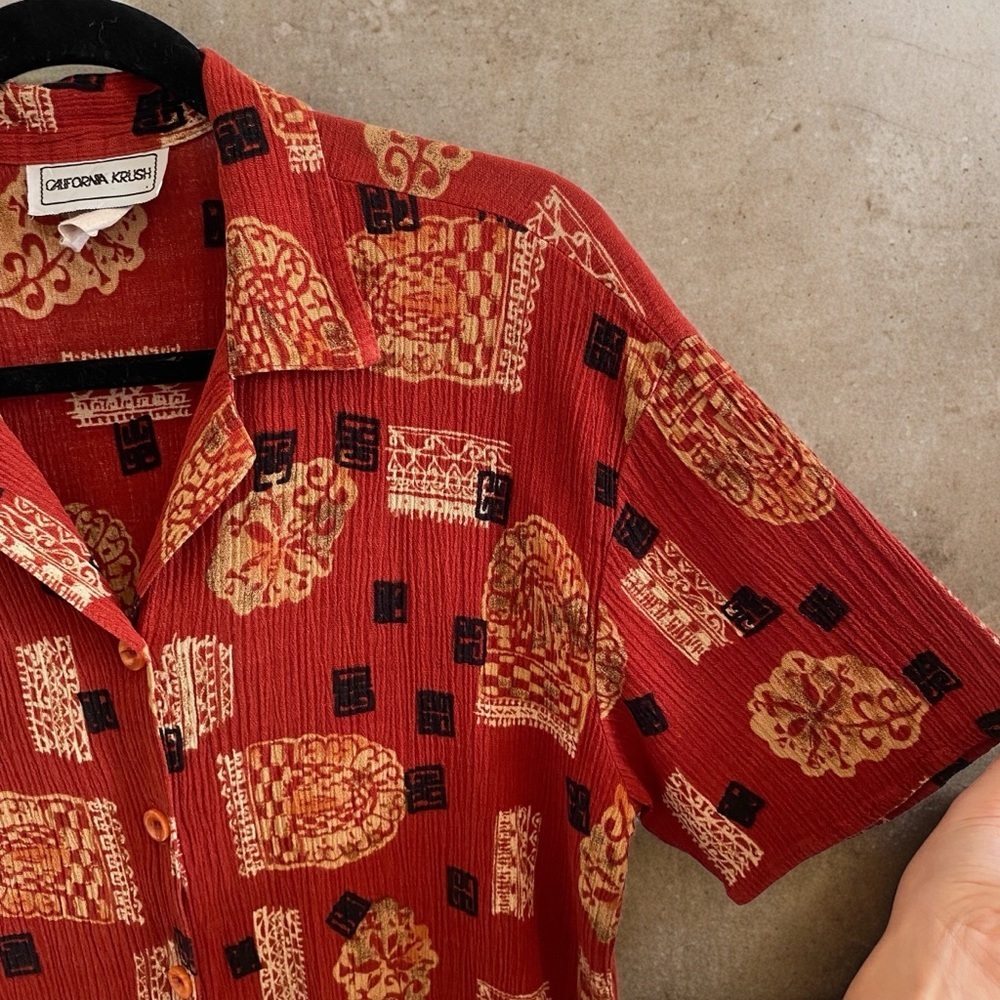 Vintage Crinkle Cut Short Sleeve Button Up Boho Top By California Krush - Picture 4 of 8